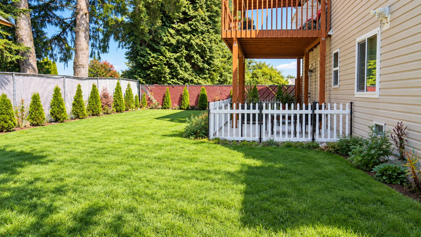 The back garden at Prime Adult Family Home, a level mown lawn edged with young conifers and a fence