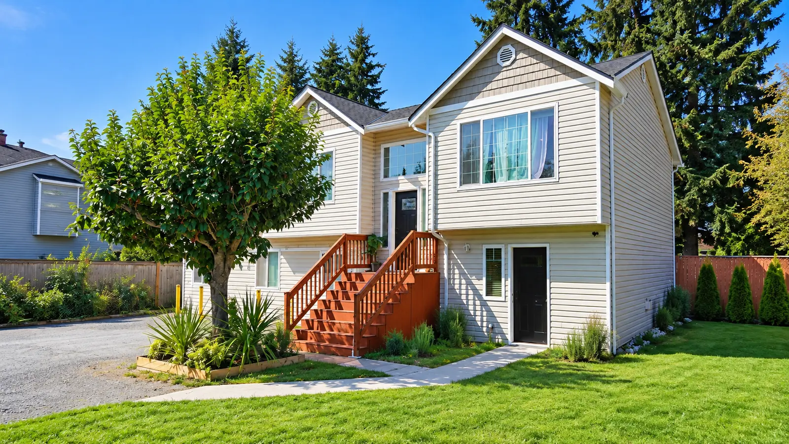 The front of Prime Adult Family Home in Everett, a two-storey house with pale siding, a wooden entry stair, and a mown lawn